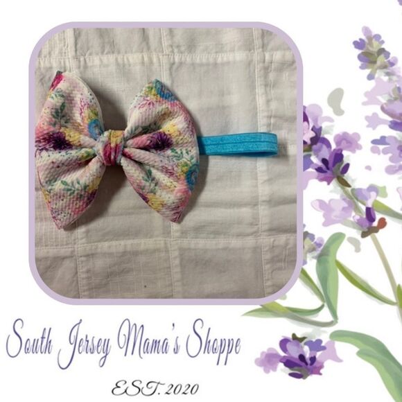 Infant Headband Sky Blue Band With Pink Purple Florals Bow Size Preemie B287 - Picture 1 of 10